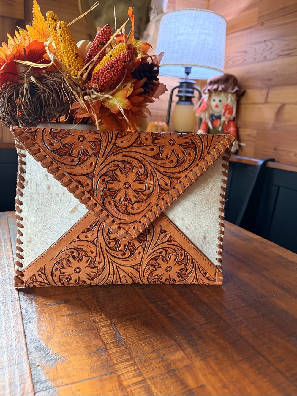 Handcrafted Tooled Leather and Cowhide Envelope Crossbody - Brown